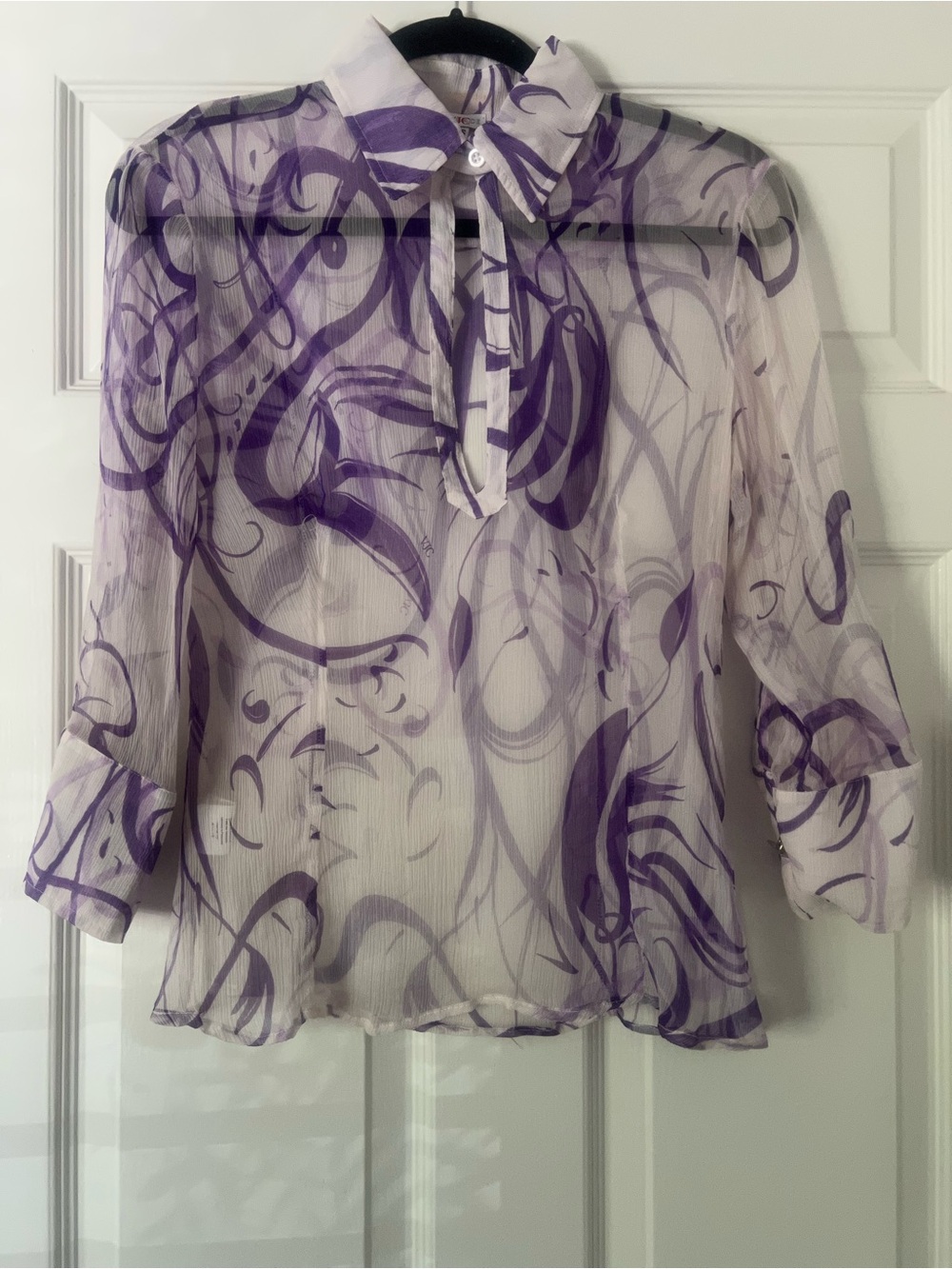 Vintage Versace Jeans Couture Silk Sheer Lavender & White Keyhole Blouse XS